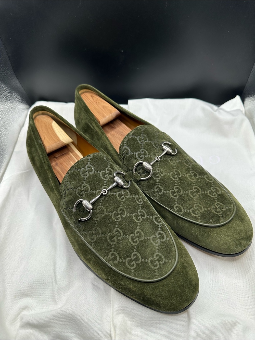 Gucci Olive Suede Horsebit GG Loafers Full Presentation